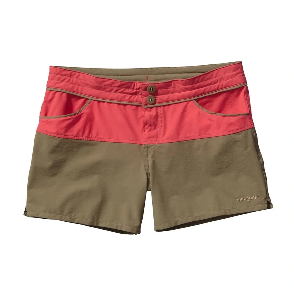 Patagonia Women’s Colorblock Stretch Wavefarer Shorts 3.5” in Tan Pink 2